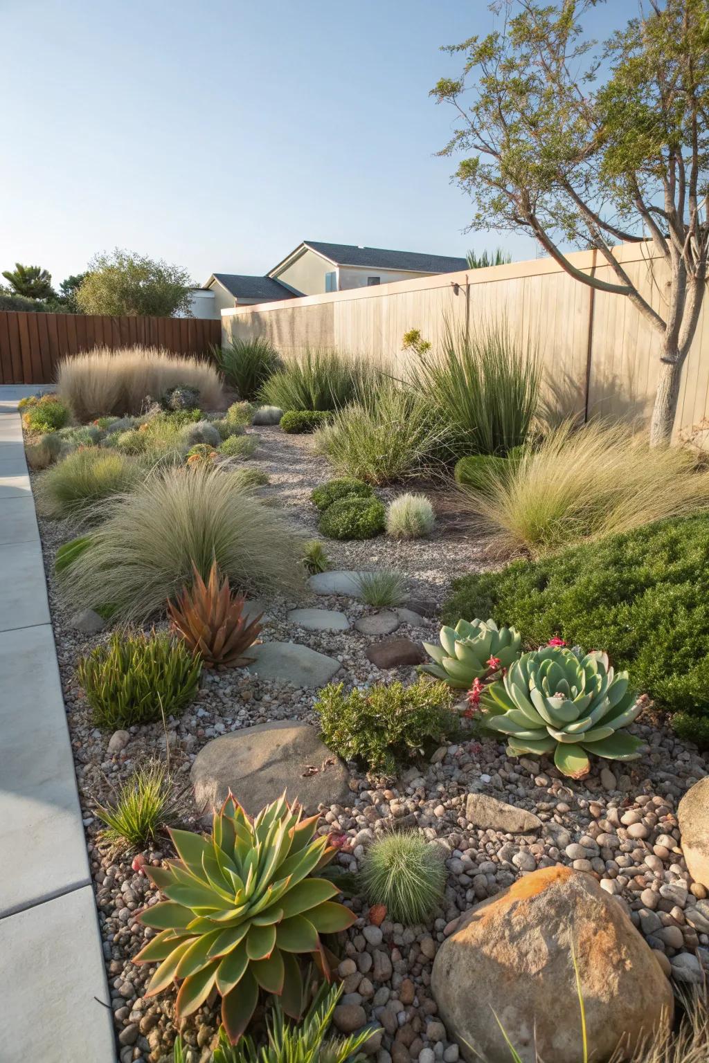 Front yard planted with drought-resistant succulents and native grasses.
