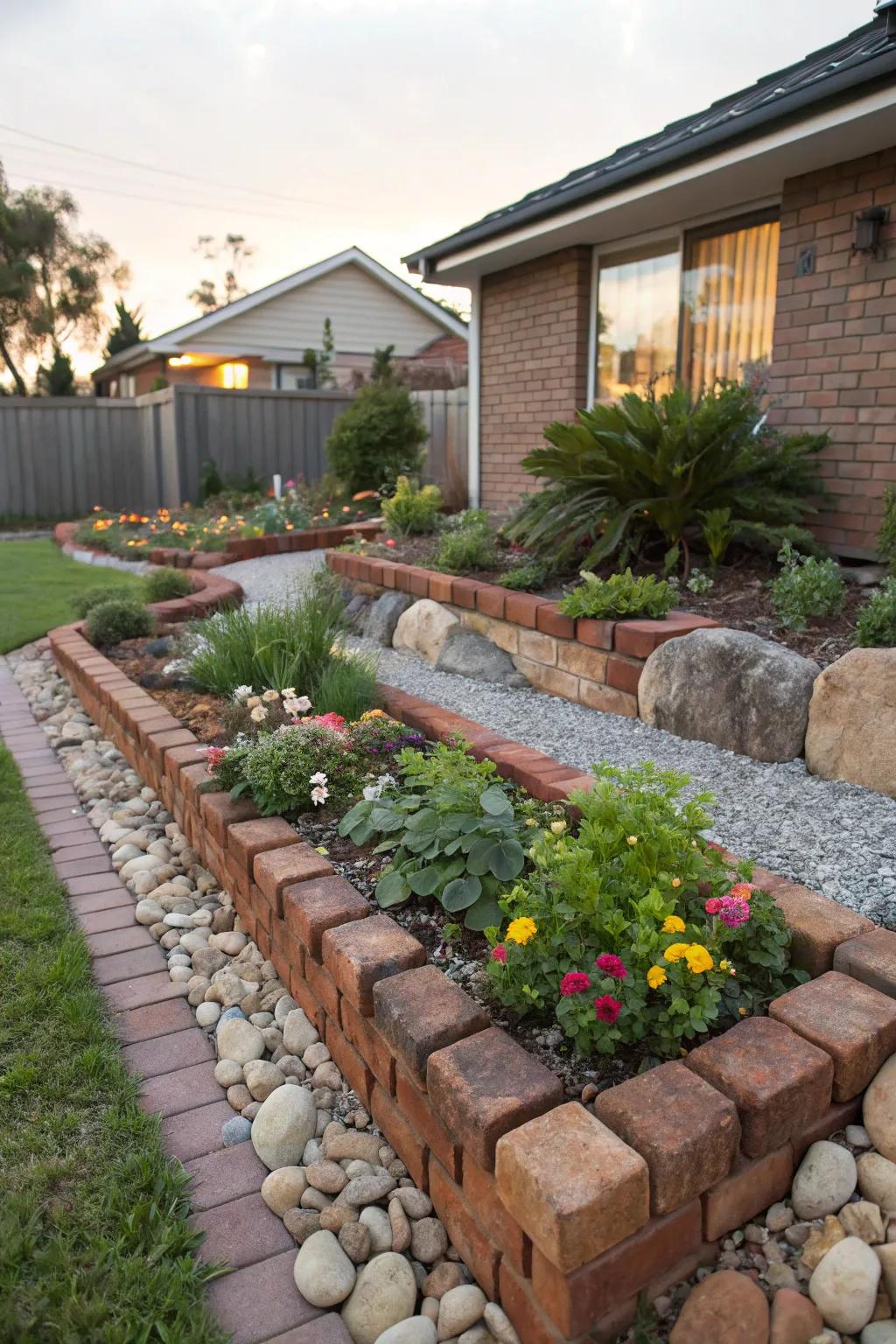 Garden enhanced with recycled bricks and stones for a unique look.