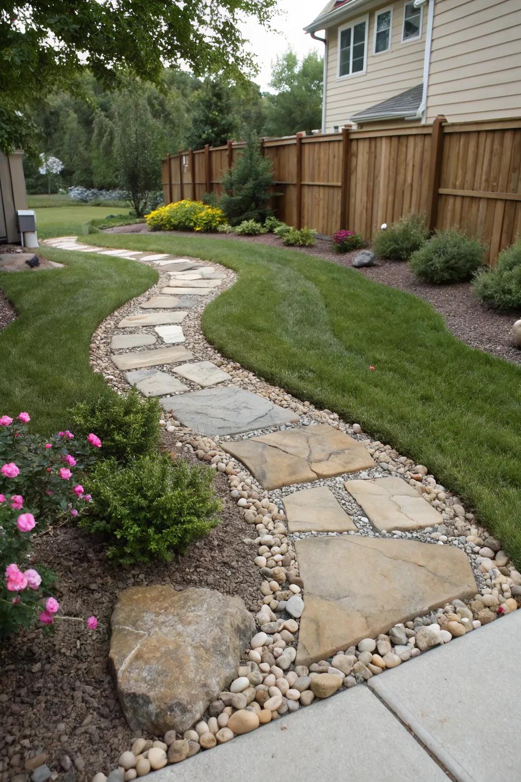 Front yard featuring paving stones and pebbles to minimize lawn care.