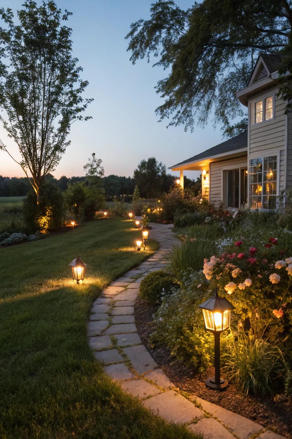 Outdoor lighting enhancing ambiance and safety in the garden.