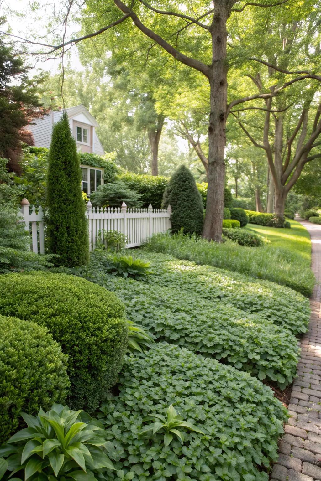 Lush ground cover plants creating a low-maintenance green carpet.