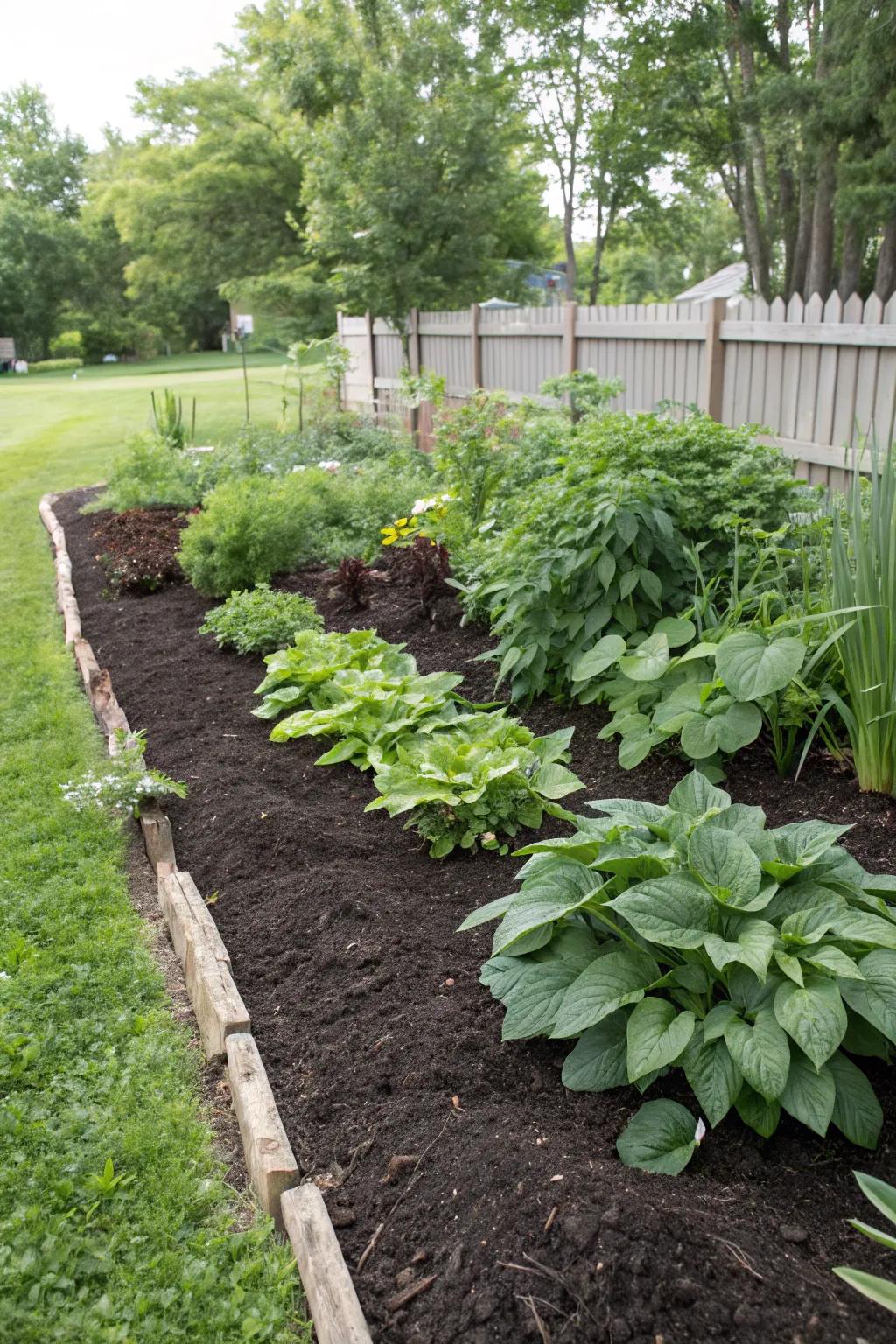 Mulched garden bed conserving moisture and suppressing weeds.