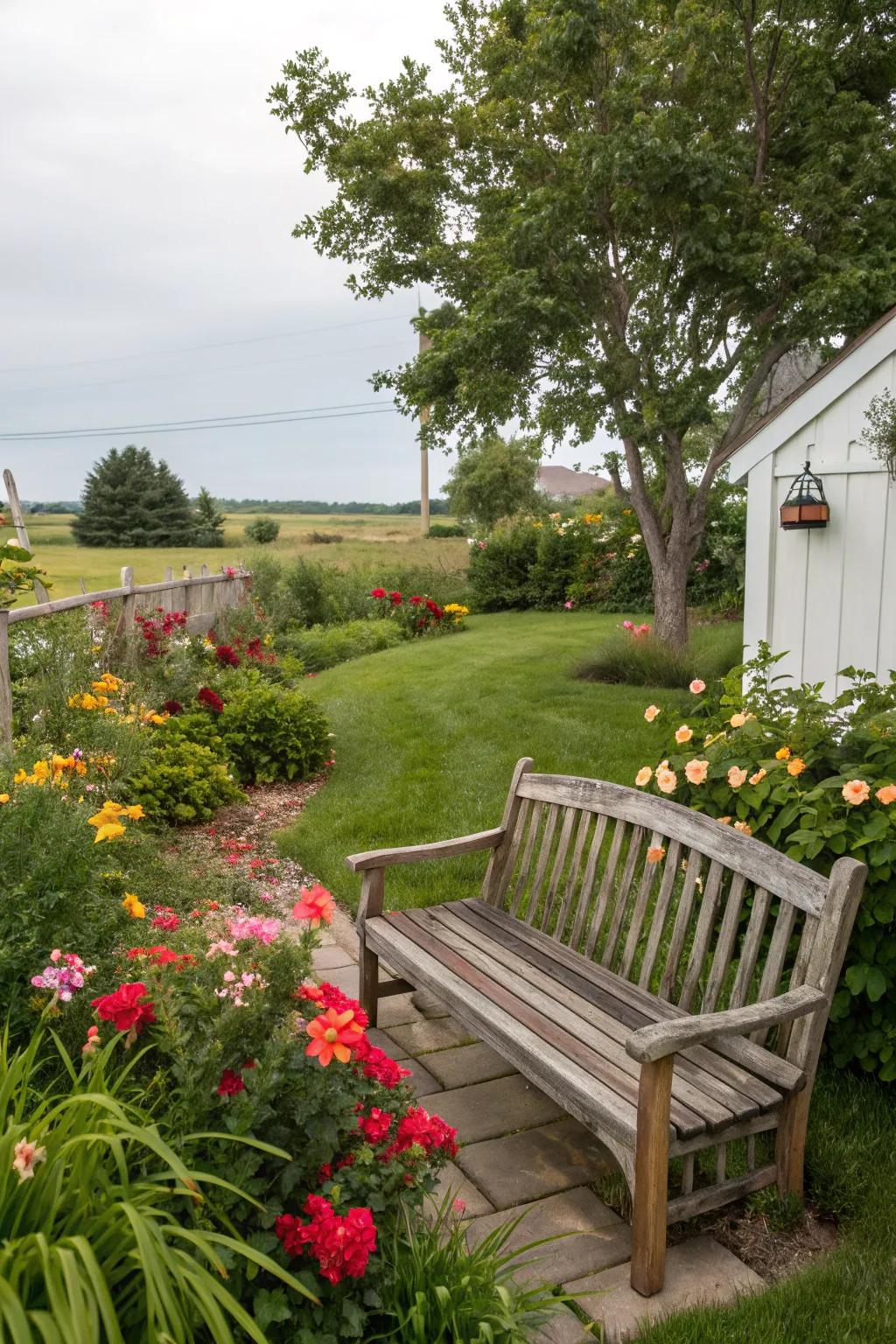 Wooden bench inviting relaxation in the garden.