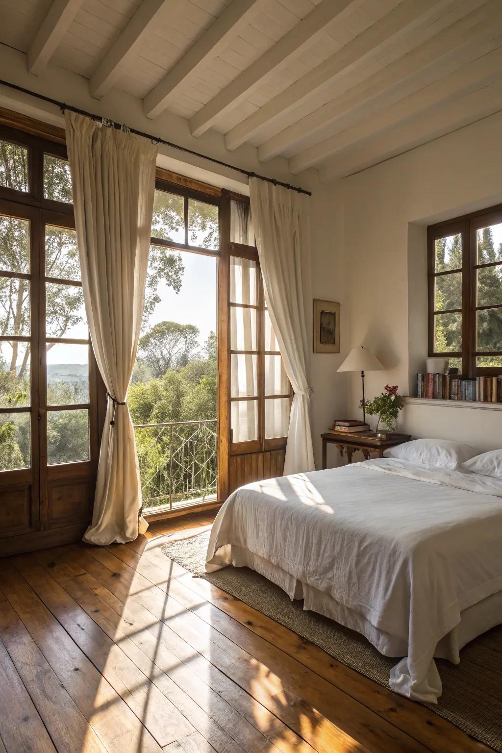 Sunlight flooding a bright bedroom.