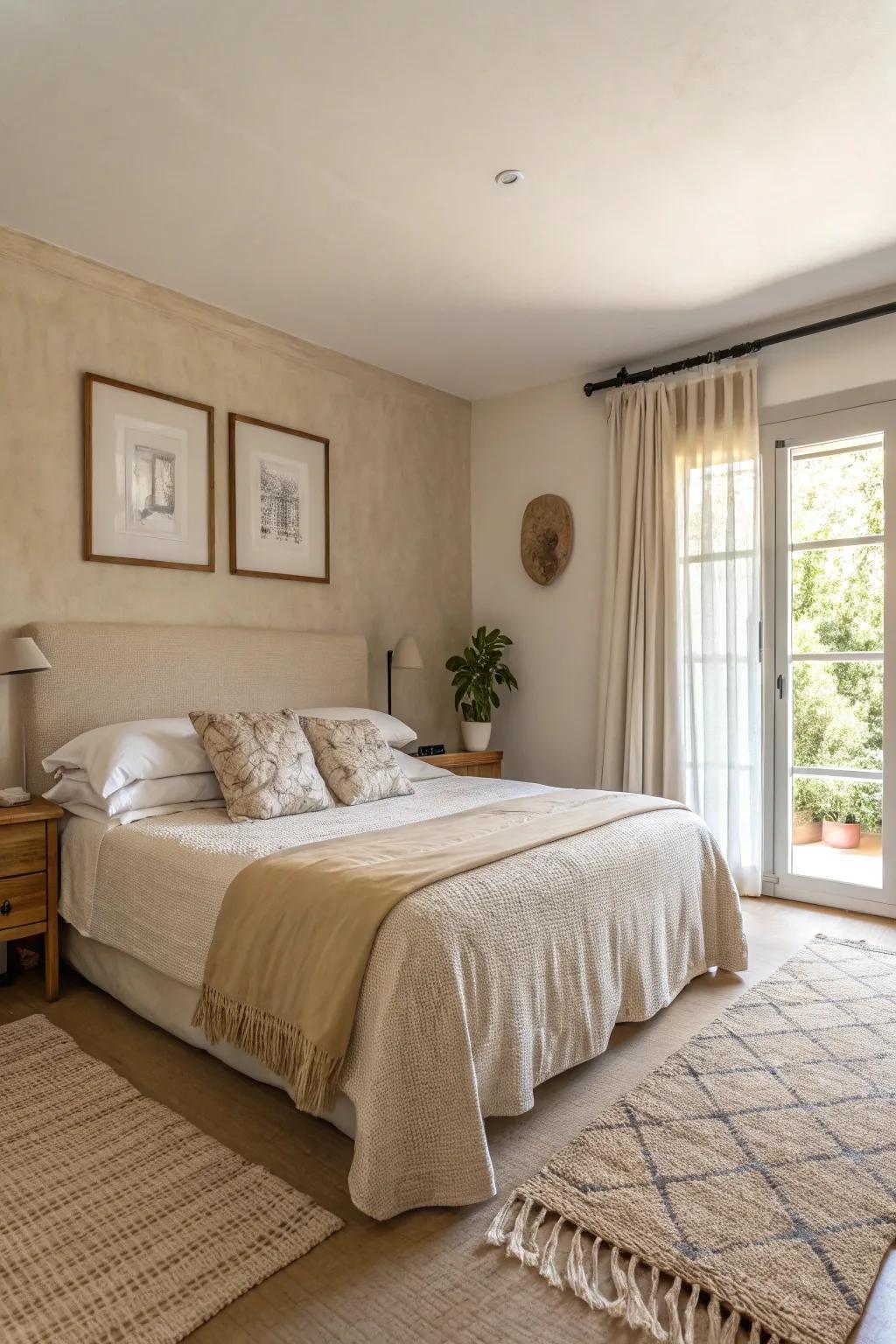 Bedroom with calming neutral colors.