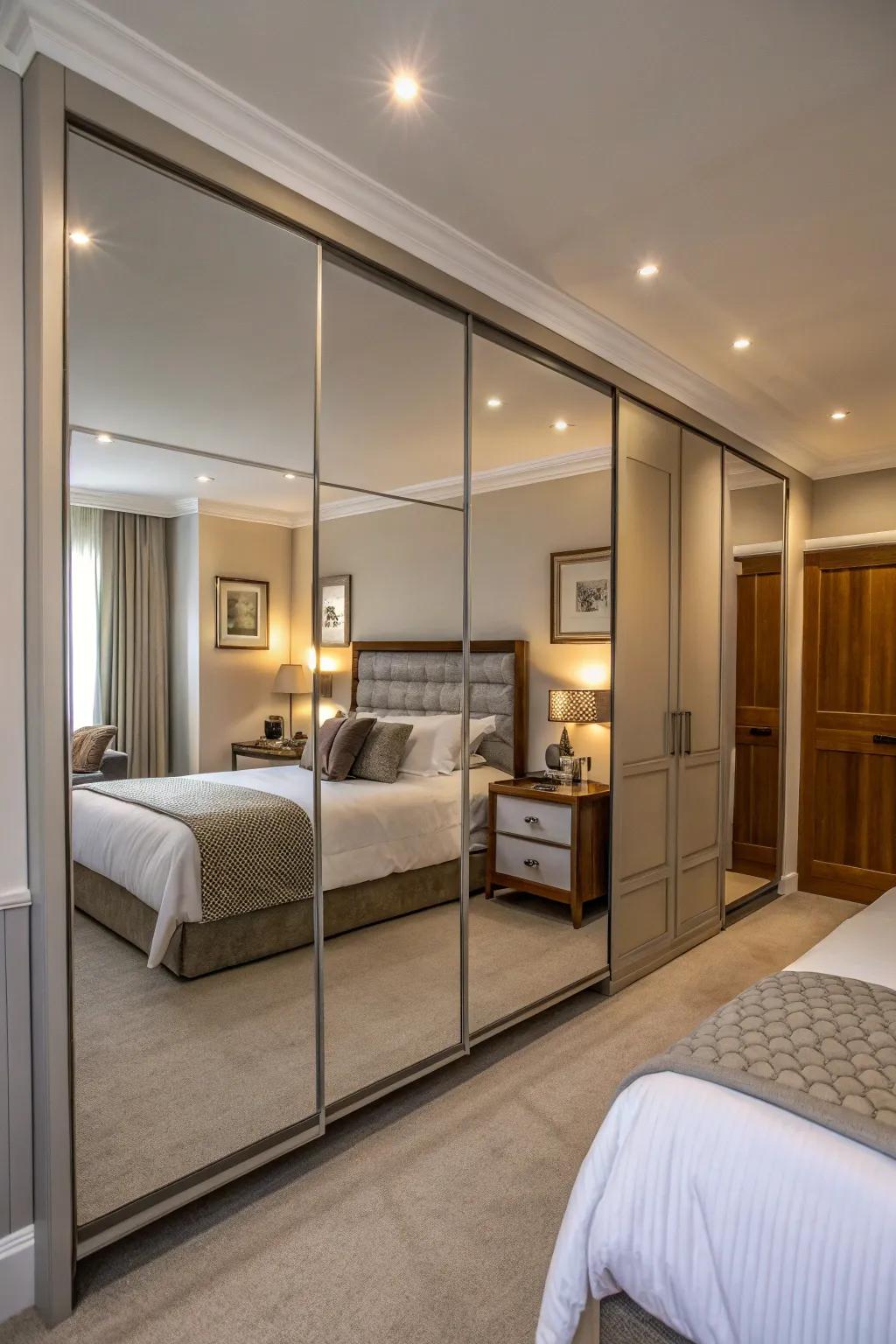 Mirrored wardrobe reflecting light and space.