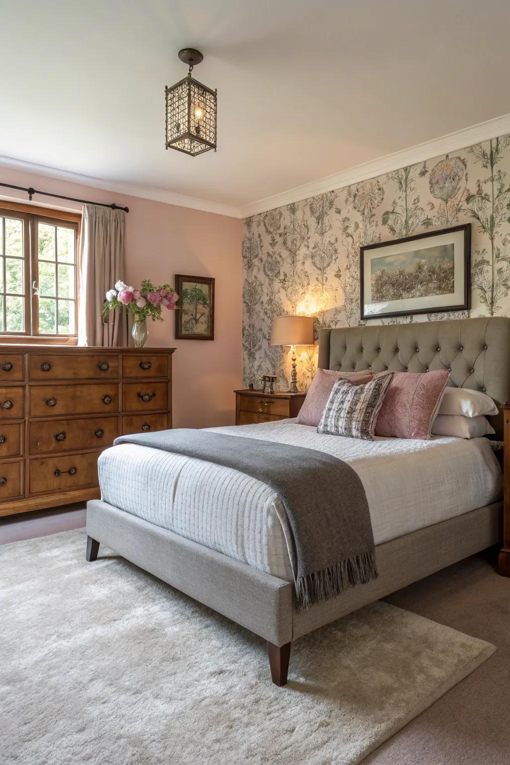 Bedroom with a mix of modern and vintage styles.