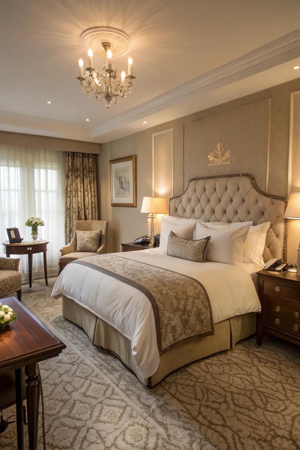 Luxurious bedroom with boutique hotel style.