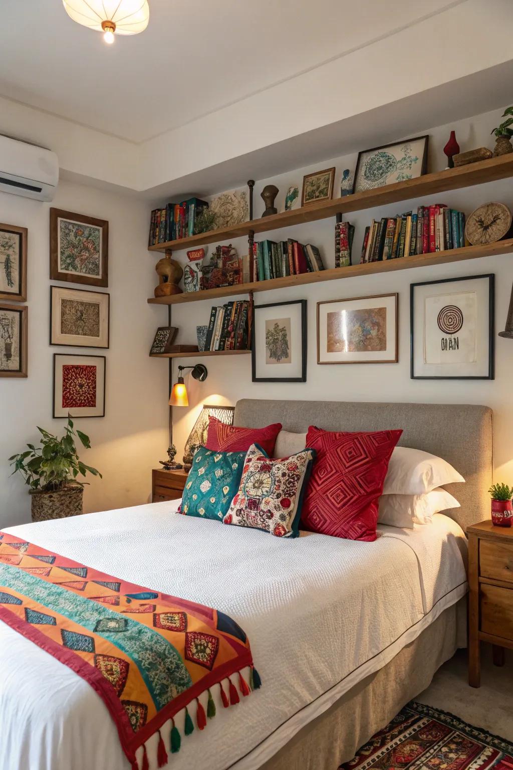 Colorful accents brighten the bedroom.