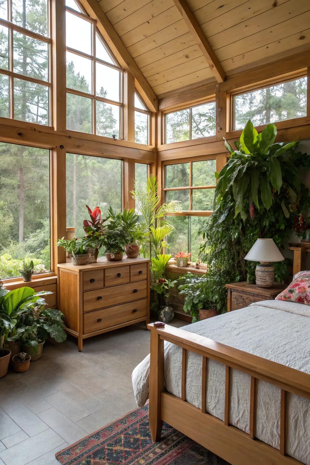 Plants and wooden decor bring nature indoors.