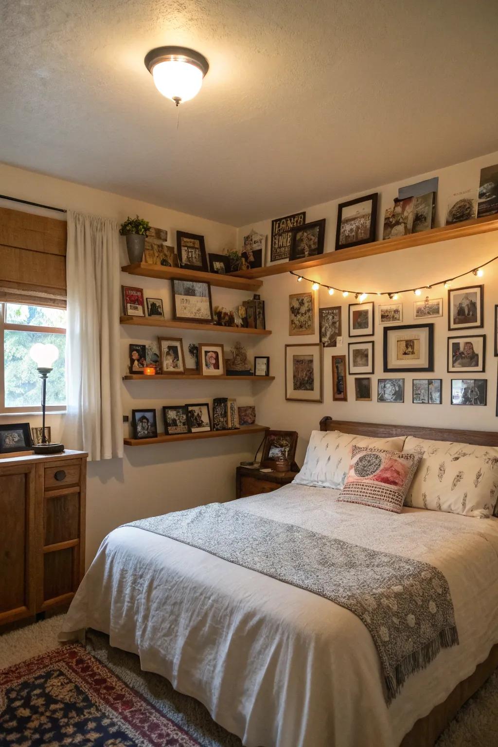 Personalized bedroom with photos and keepsakes.
