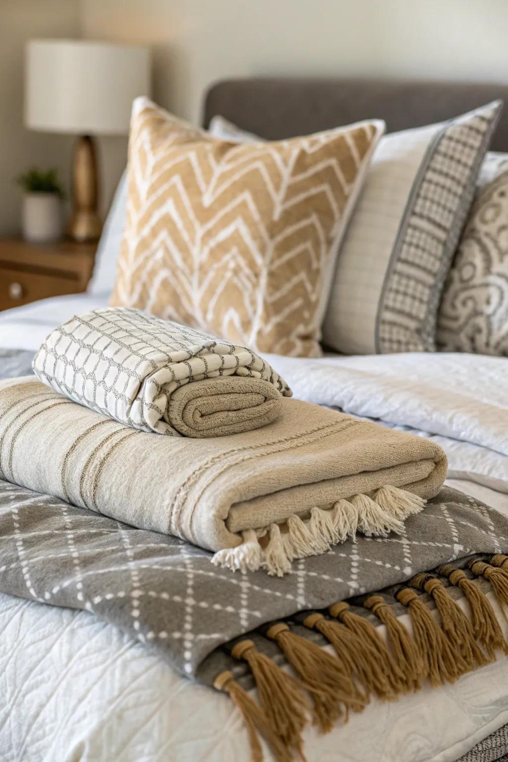 Layered textiles adding warmth and texture.
