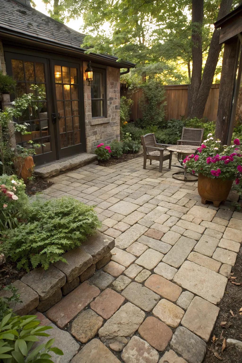 Patio design featuring reclaimed stones and materials.
