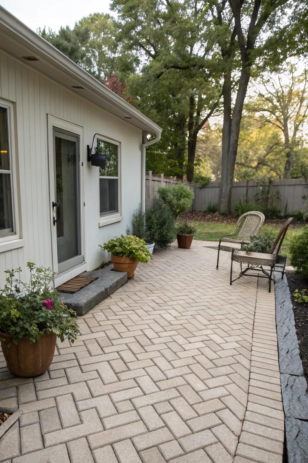 Elegant herringbone brick pattern on patio.
