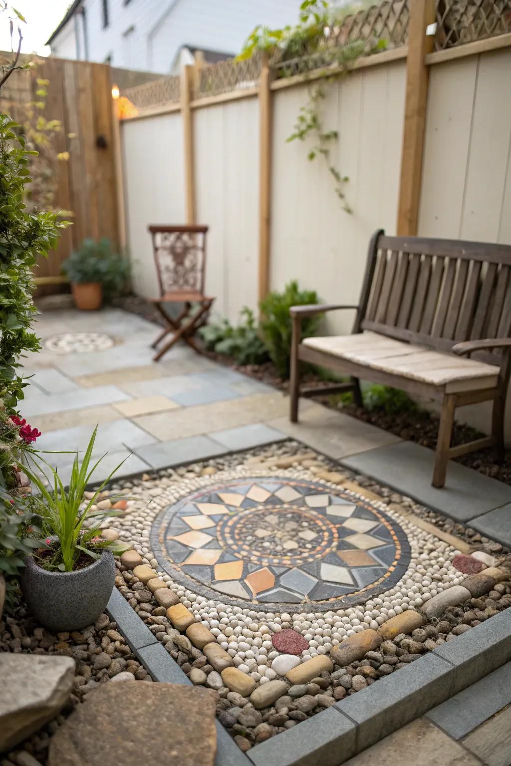 Artistic mosaic of gravel and stones on patio.