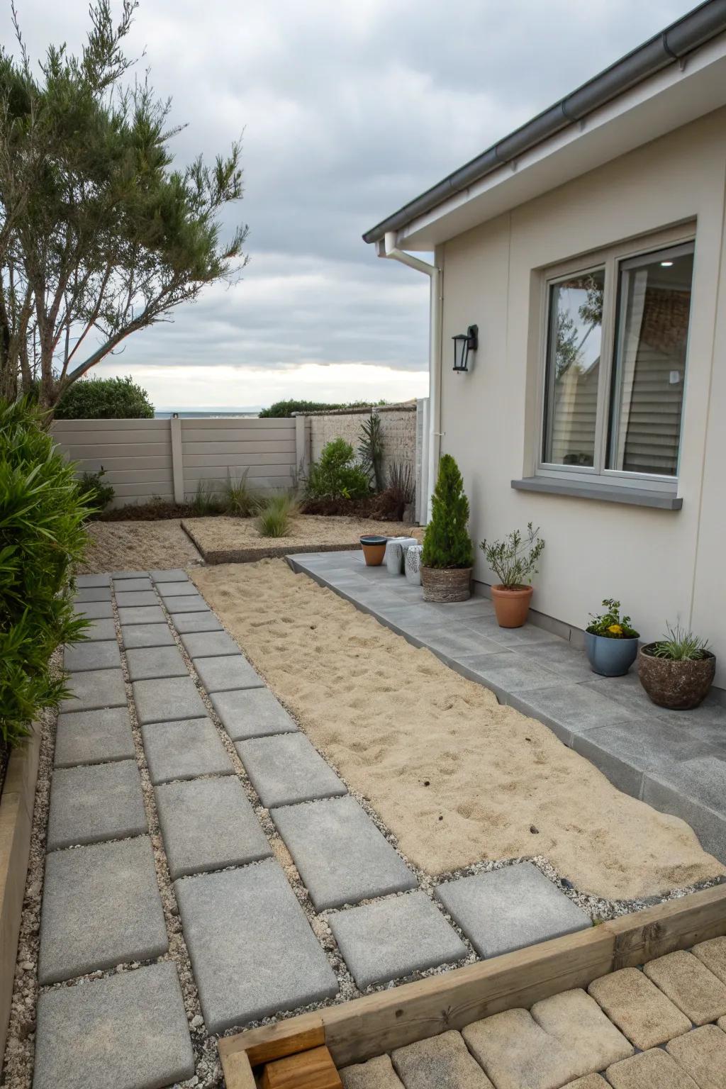 Sand filling between pavers for a smooth finish.