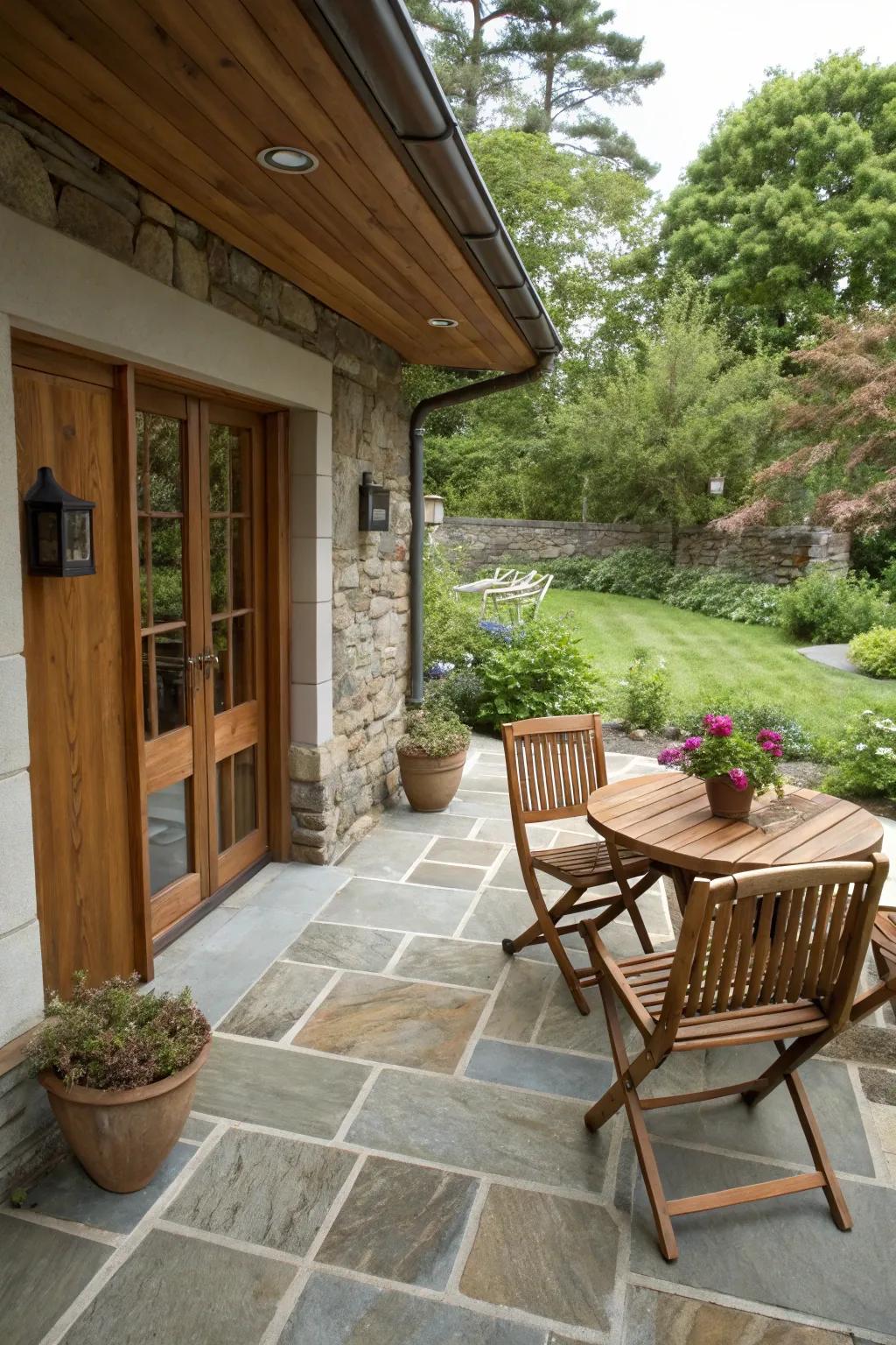 Combining wood and stone for textured patio design.