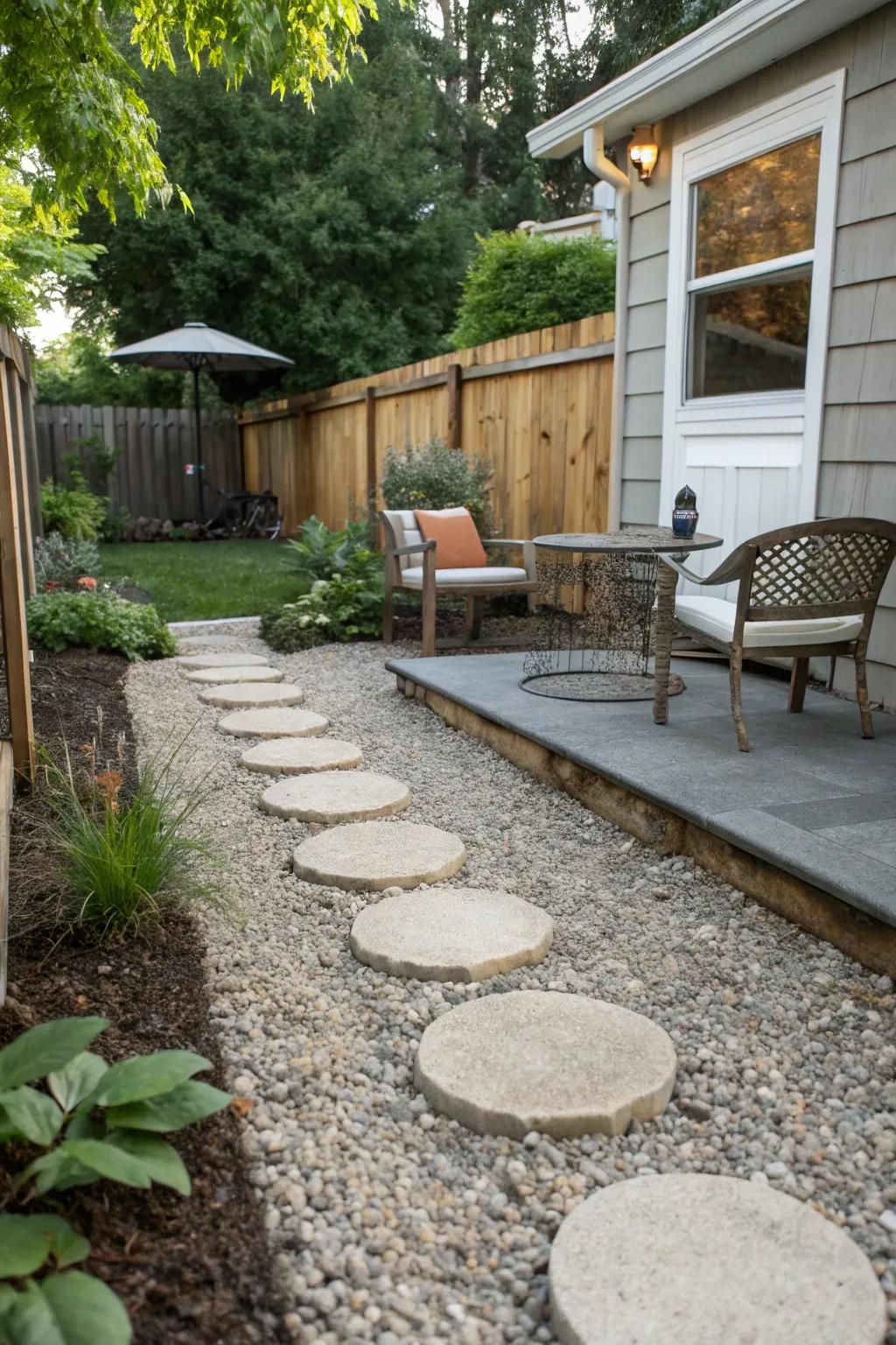 Pea gravel combined with pavers for a natural patio.