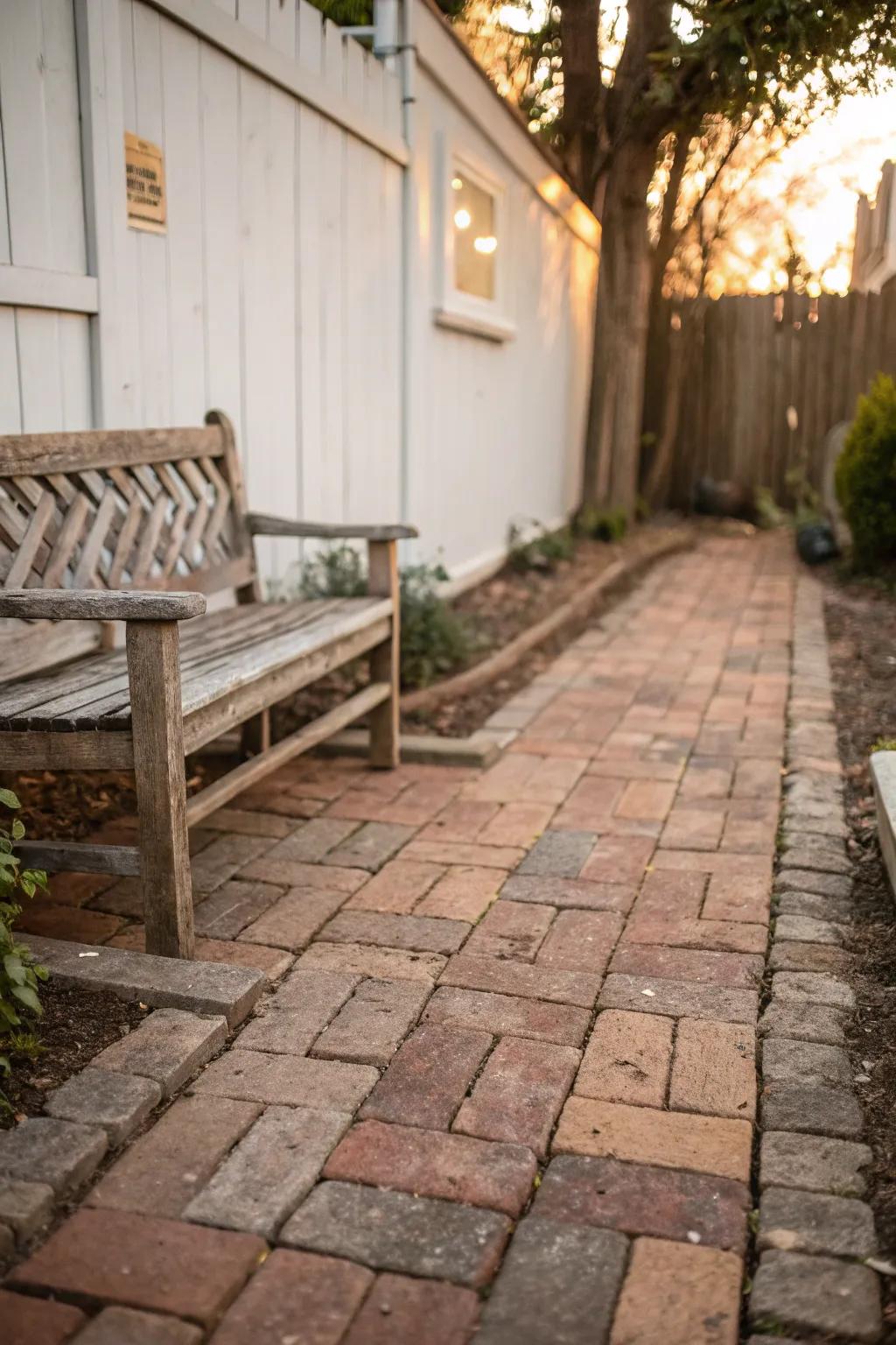 Rustic patio made from repurposed bricks.