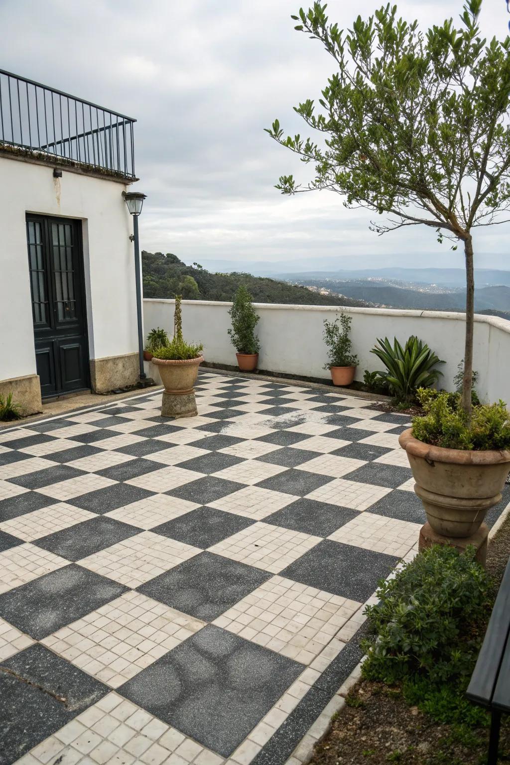 Checkerboard pattern on patio using contrasting pavers.