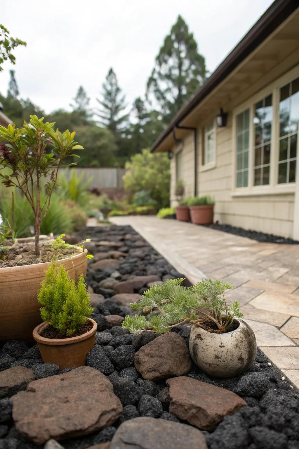 Lava rock adding texture and color to patio.