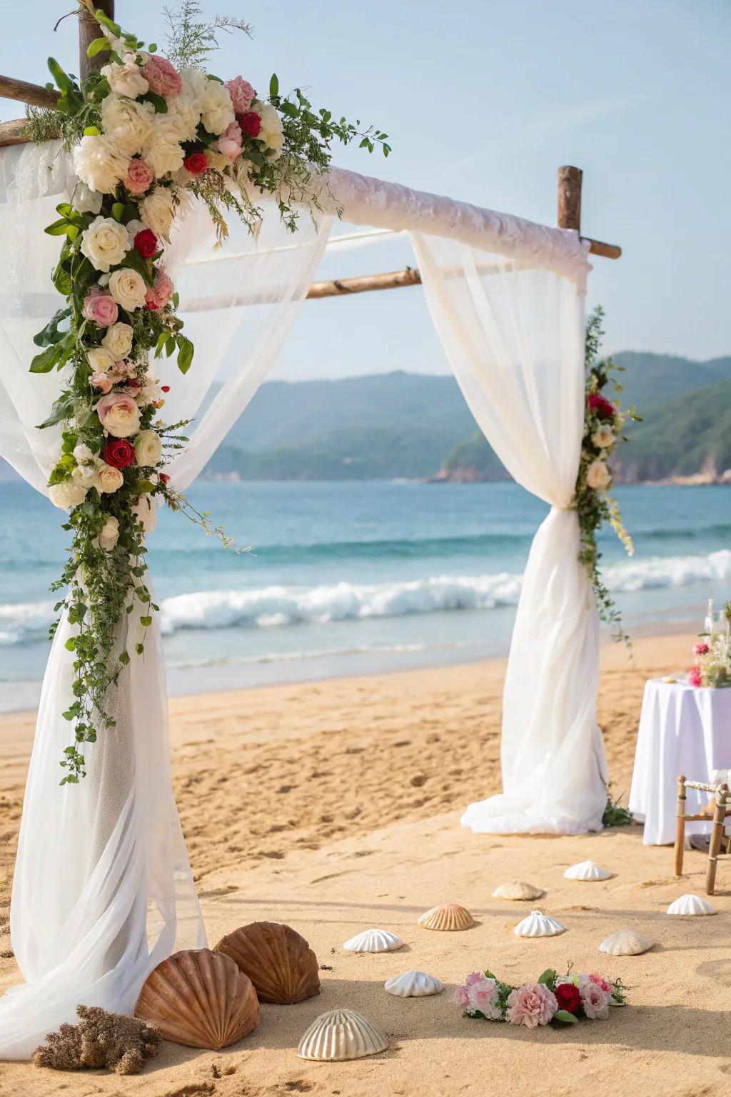 Serene beach wedding theme with natural oceanic elements.