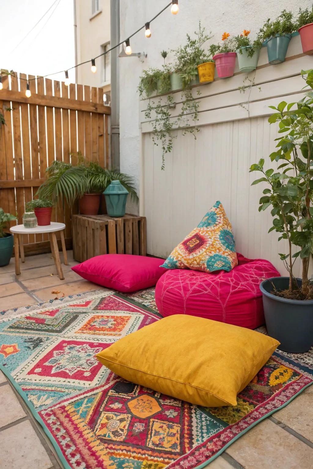 Small patio enlivened with colorful cushions and rugs.