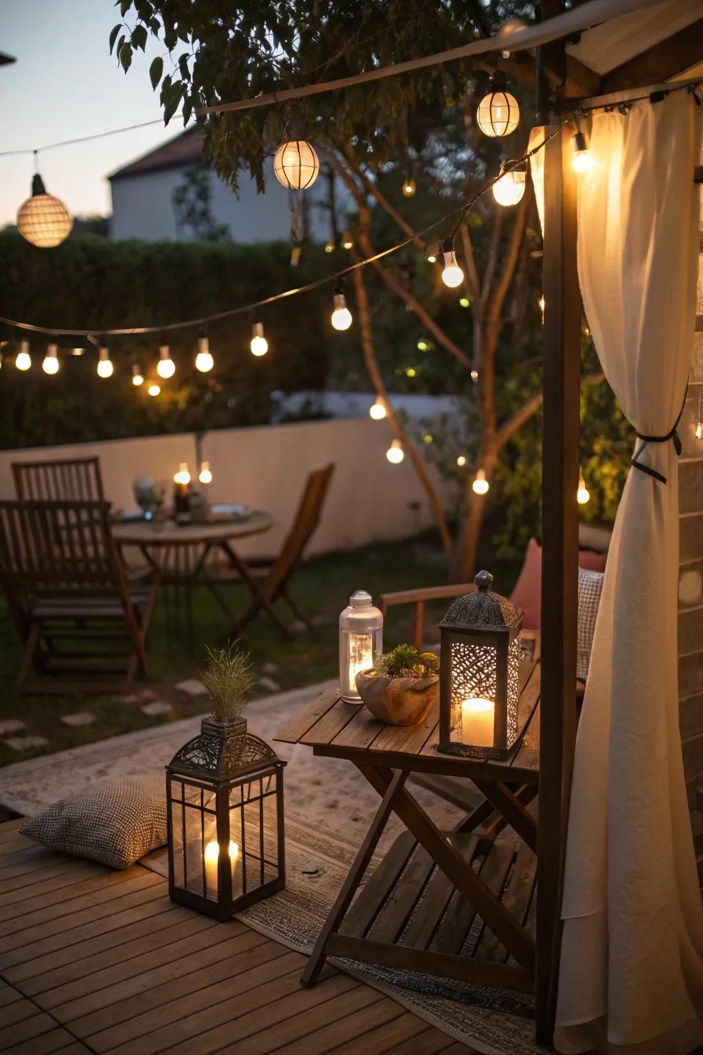 Small patio glowing with decorative lighting for a cozy atmosphere.