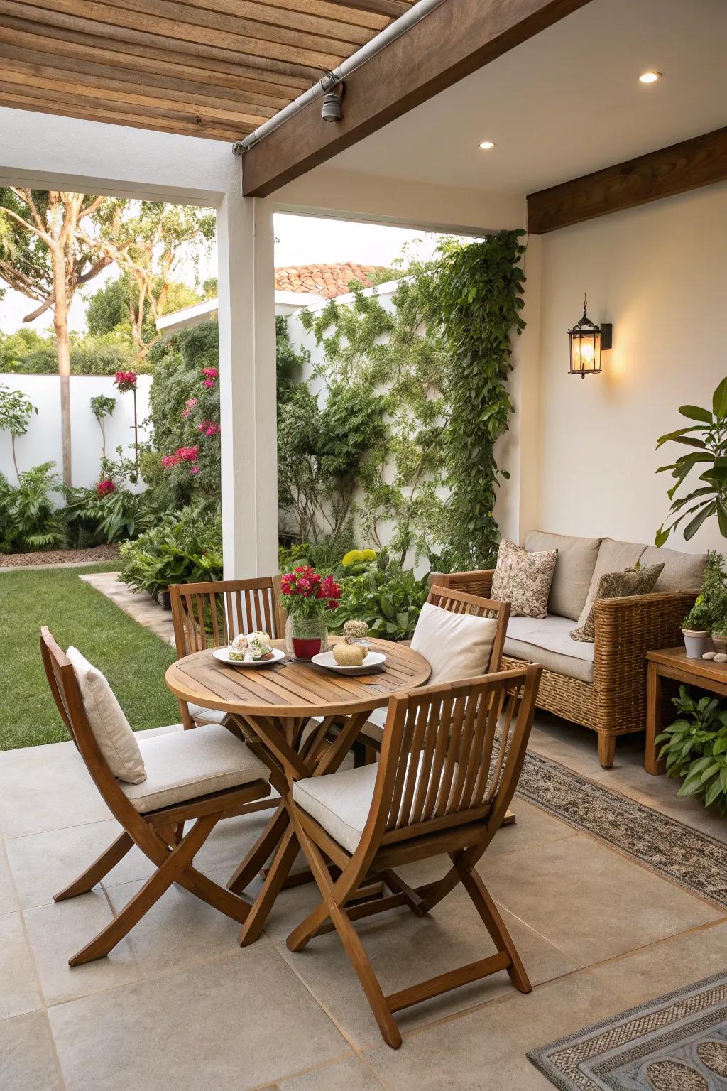 Small patio divided into distinct functional areas.