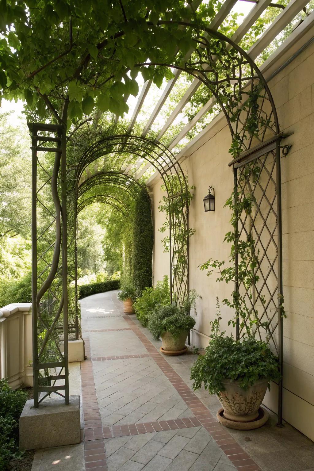 Small patio featuring elegant arched trellises.