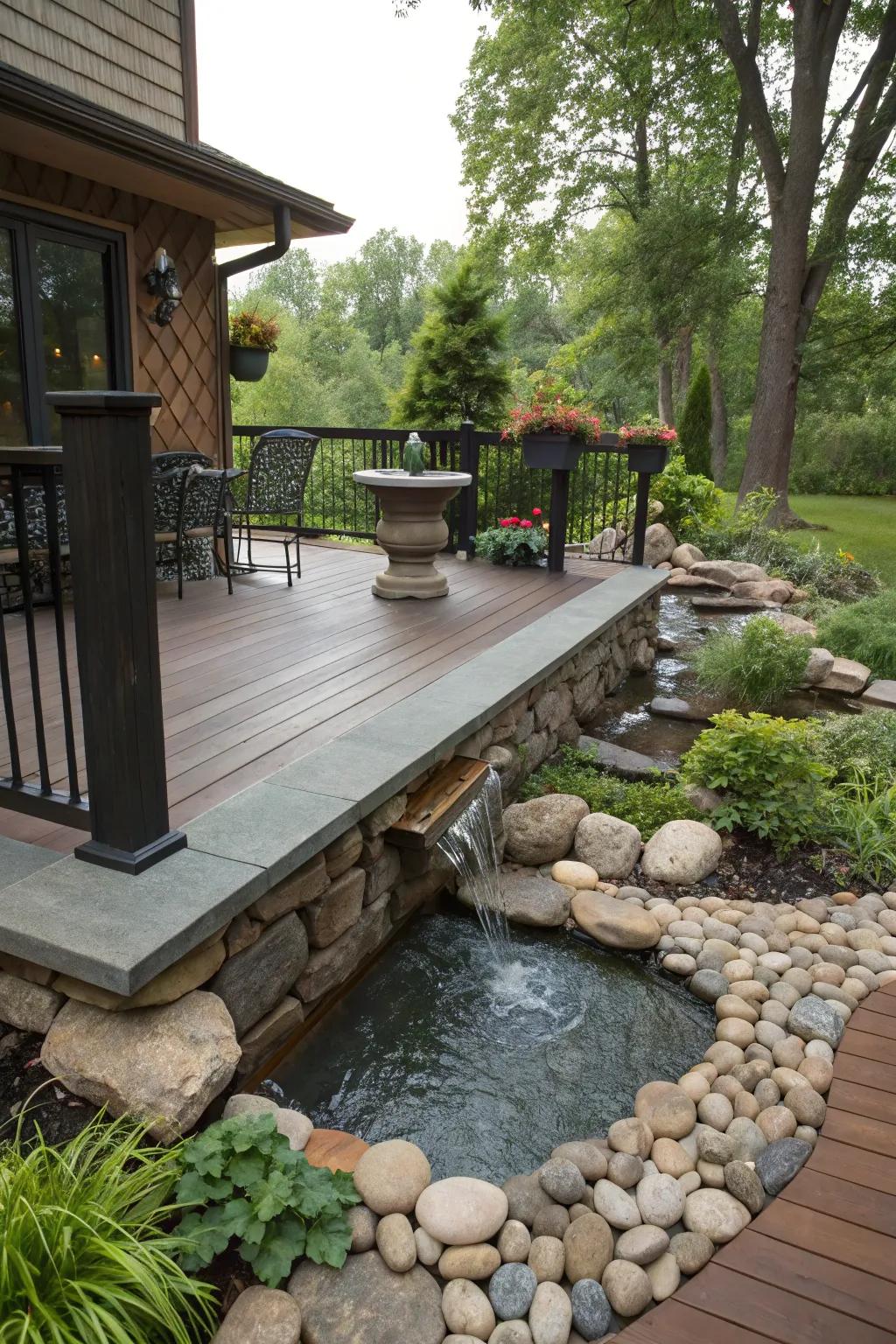 Incorporating natural materials like stone and water enhances tranquility.