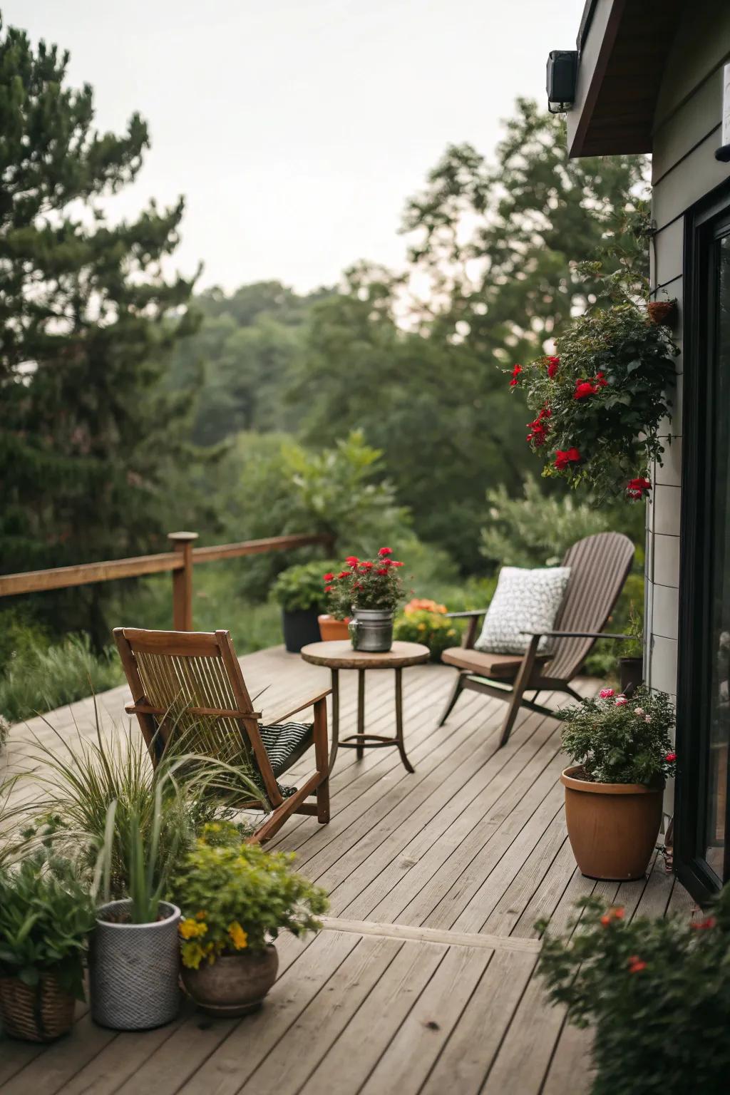 Classic wooden decks paired with greenery create a peaceful outdoor haven.
