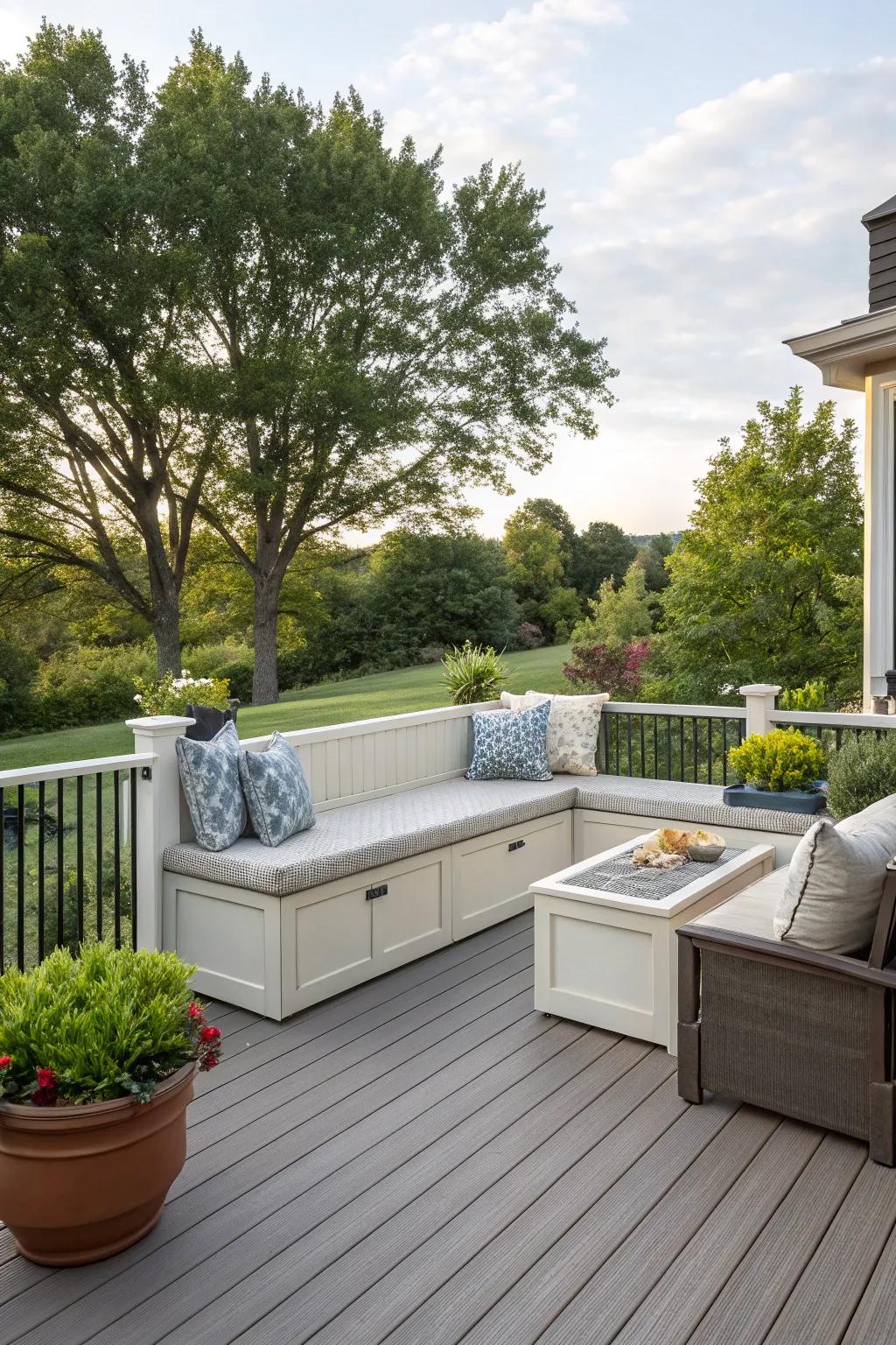 Built-in seating offers custom style and practical storage options.