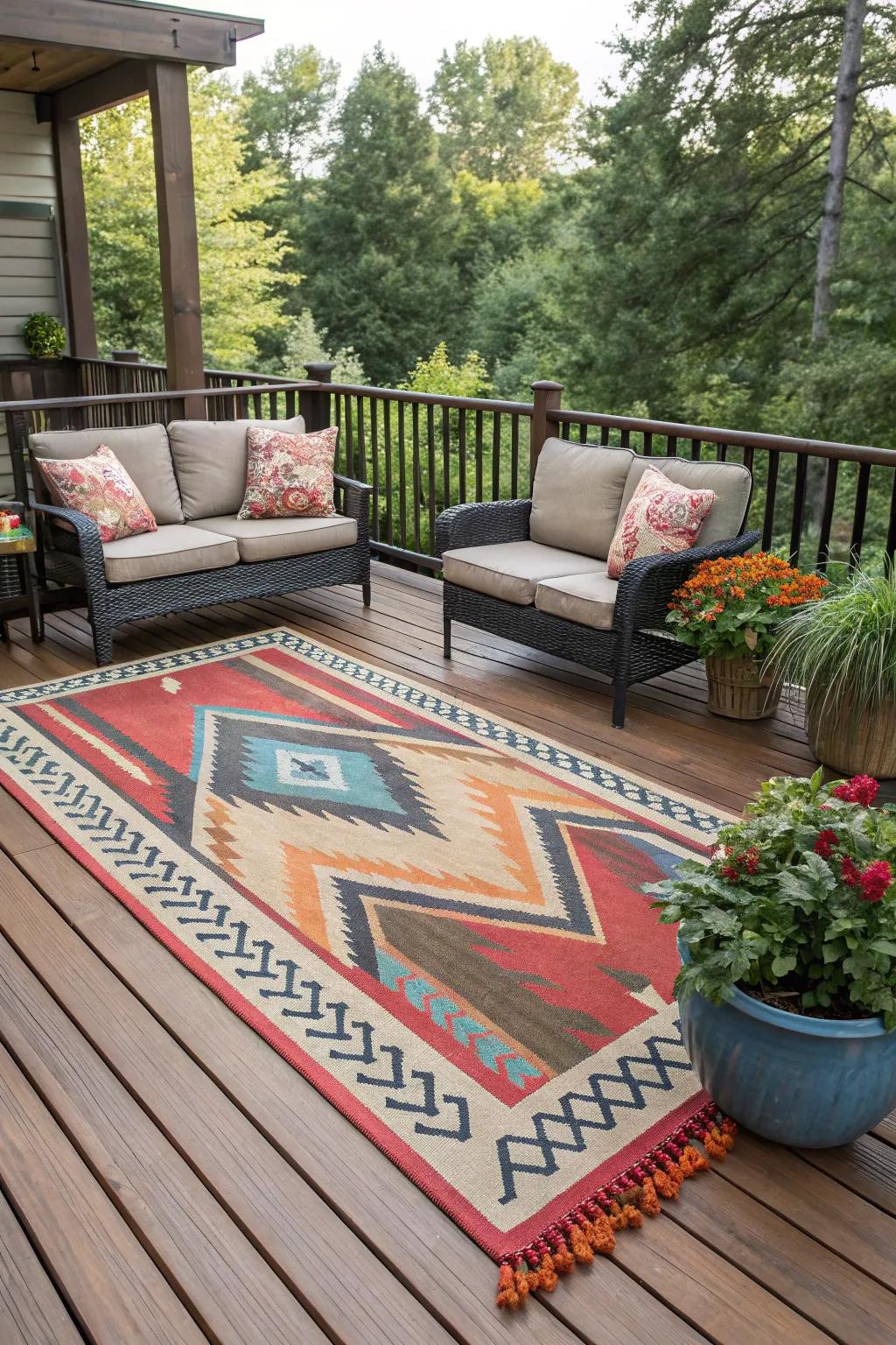 Outdoor rugs add warmth and help delineate spaces on your deck.