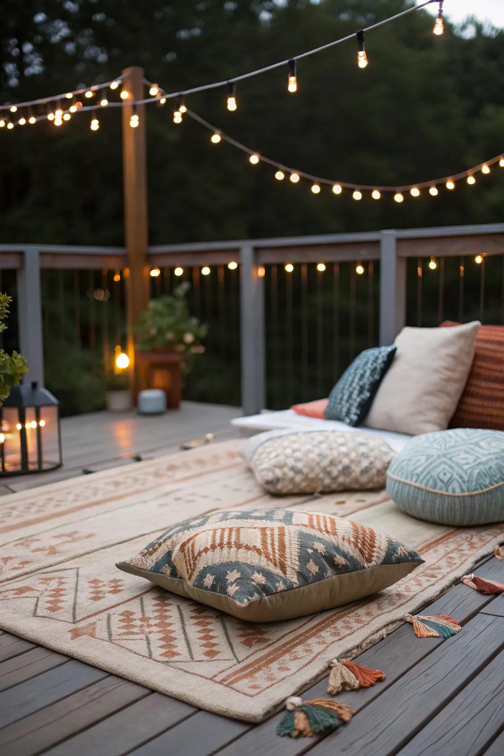 Soft textiles and gentle lighting create a cozy deck ambiance.
