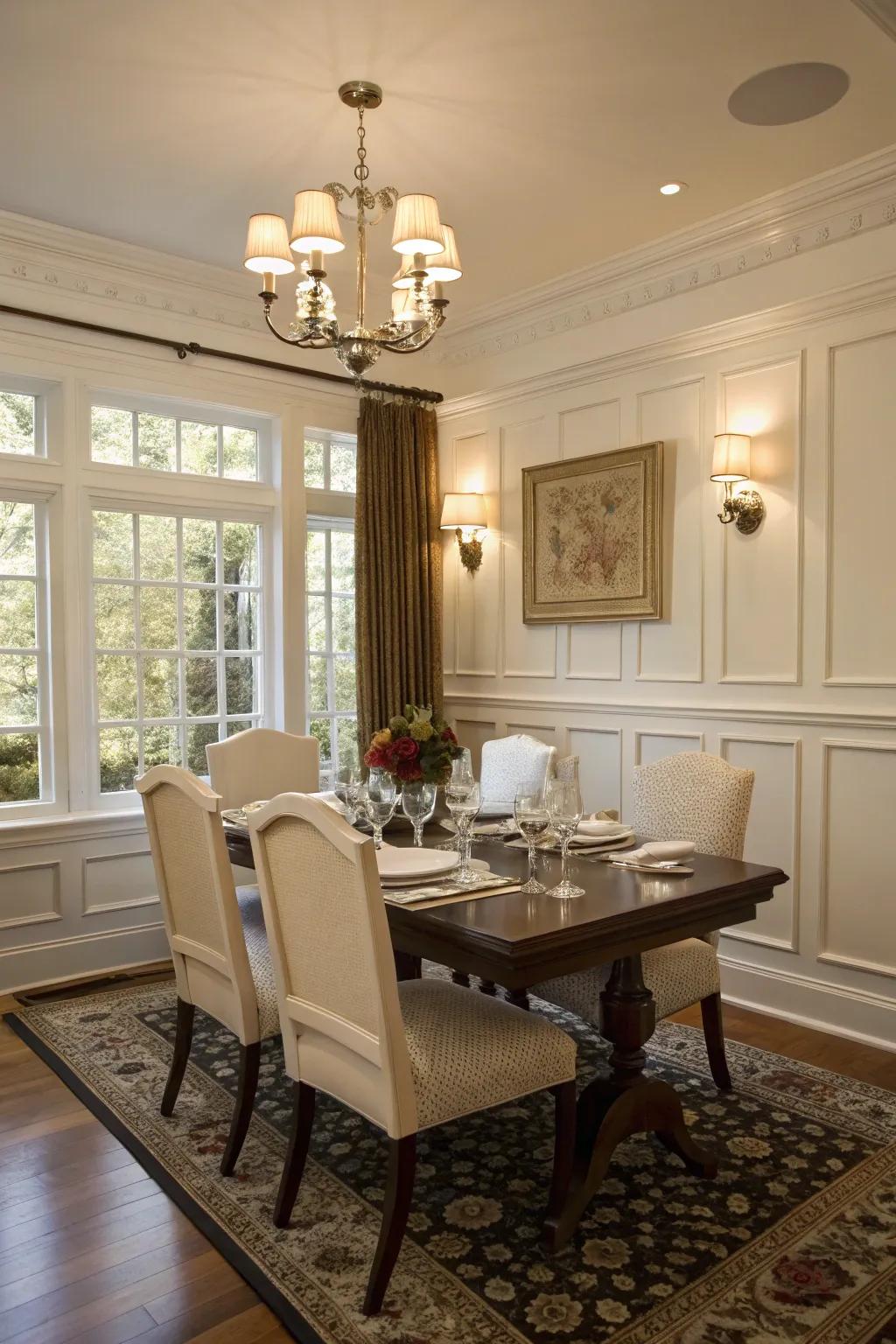 Sophisticated dining room enhanced with classic wainscoting.