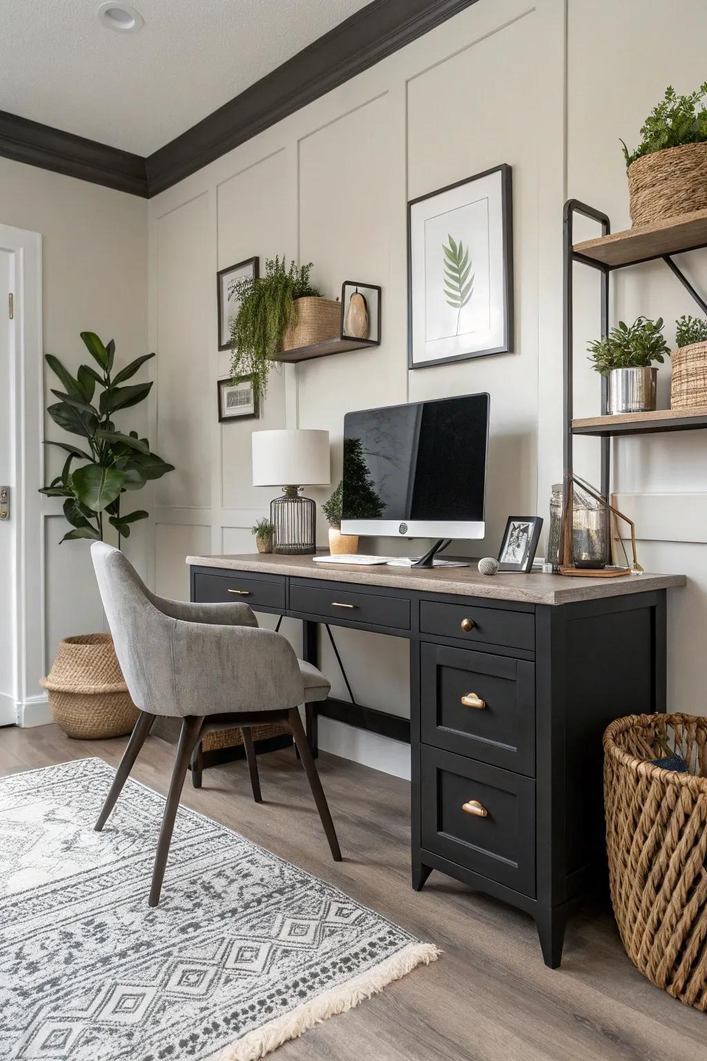 Dramatic dark trim contrasts with light walls in a home office.