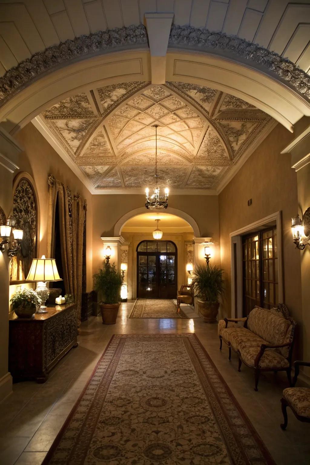 Entryway enhanced with dramatic and elegant ceiling trims.