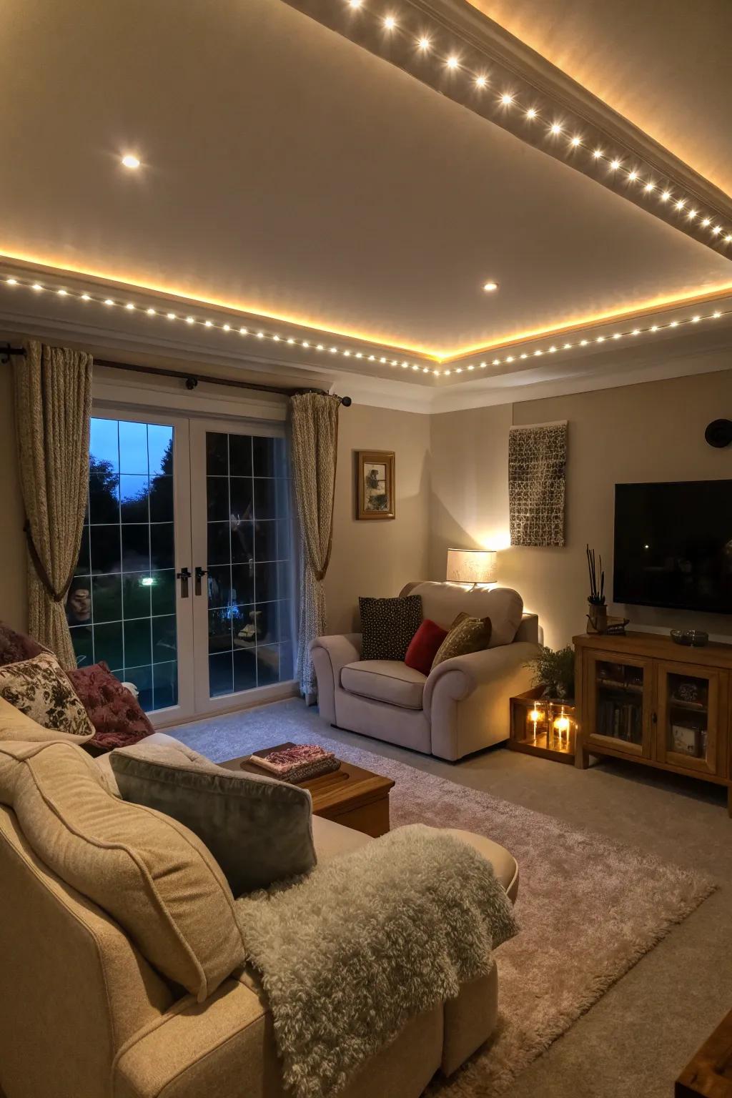 LED lights integrated into wall trims create a warm evening ambiance.