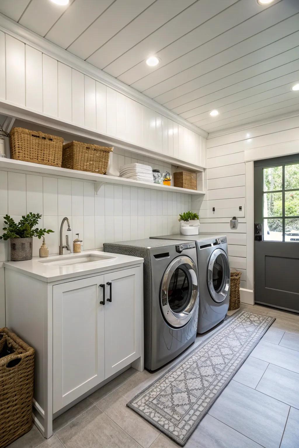 Laundry room refreshed with DIY board and batten wall treatment.