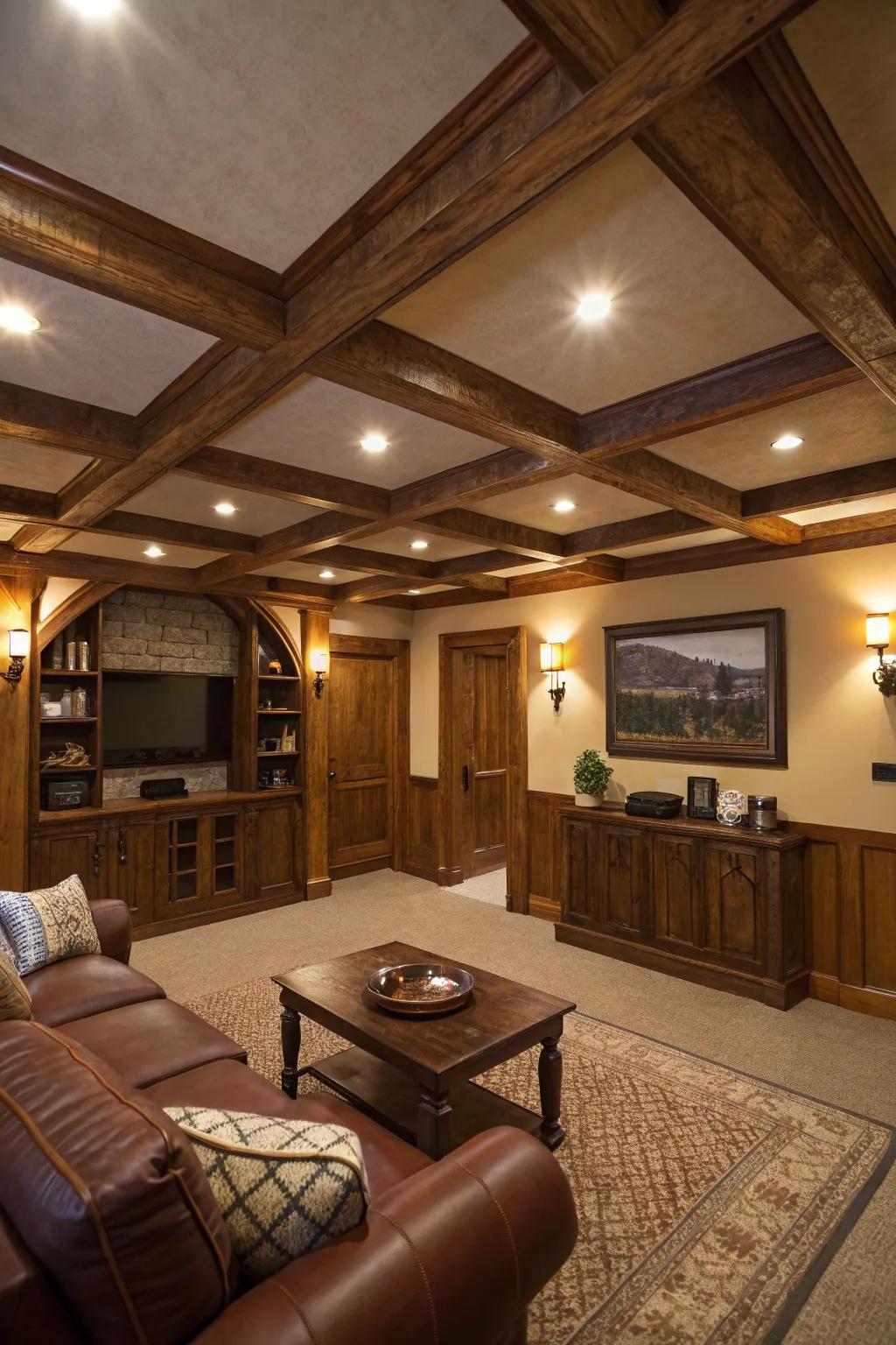 Faux beams creating rustic elegance.