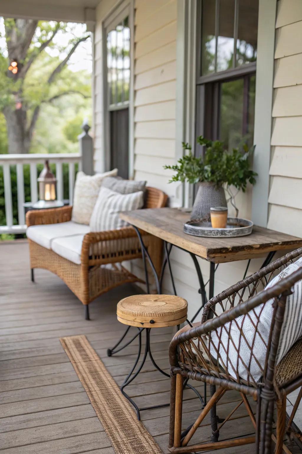 Combining wood, metal, and rattan adds depth to a small porch.