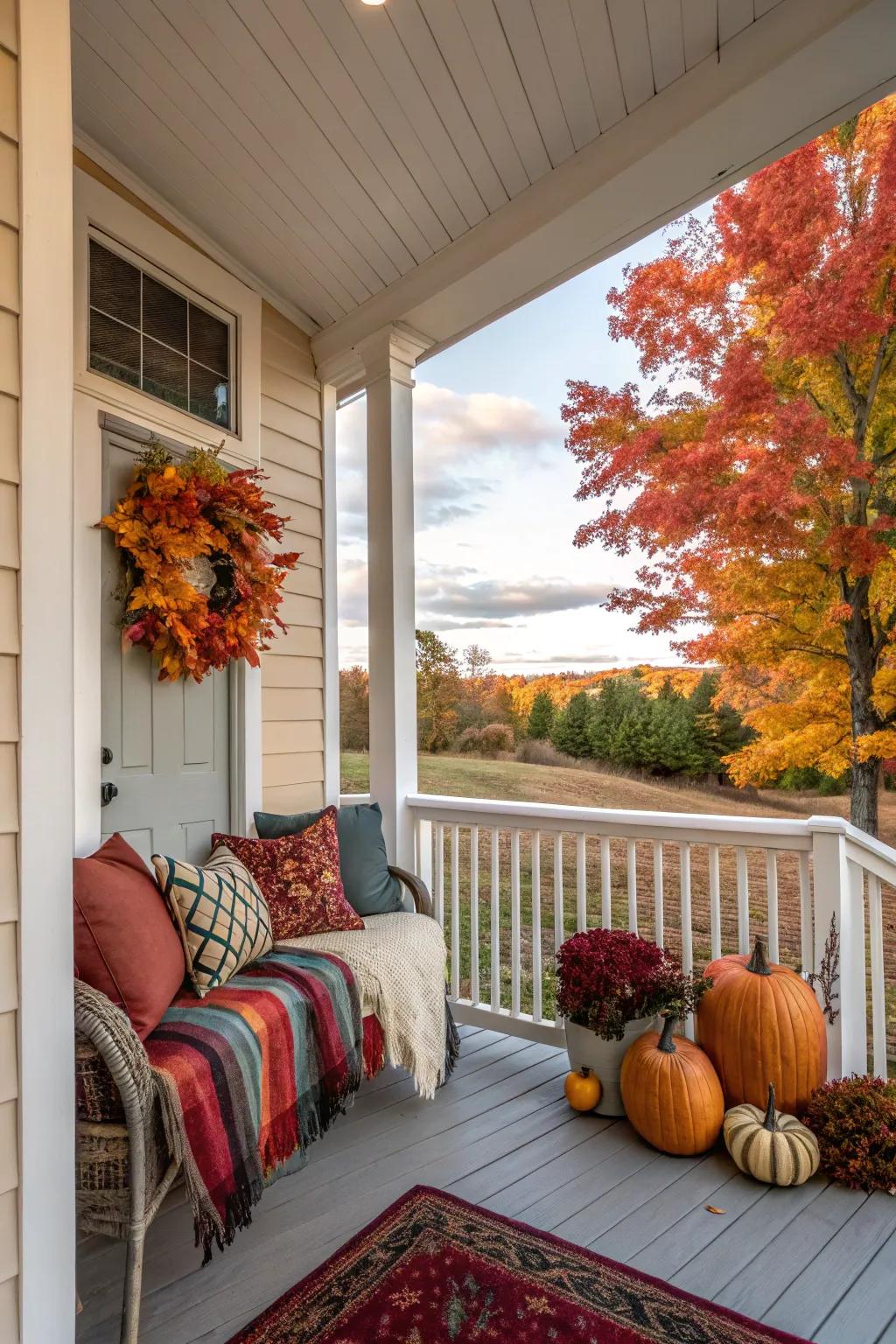 Seasonal accents refresh a small porch throughout the year.
