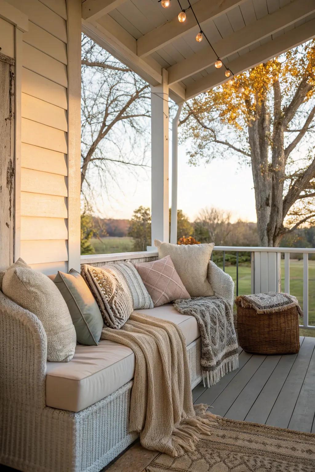 Inviting seating nook with plush cushions and throws on a small porch.
