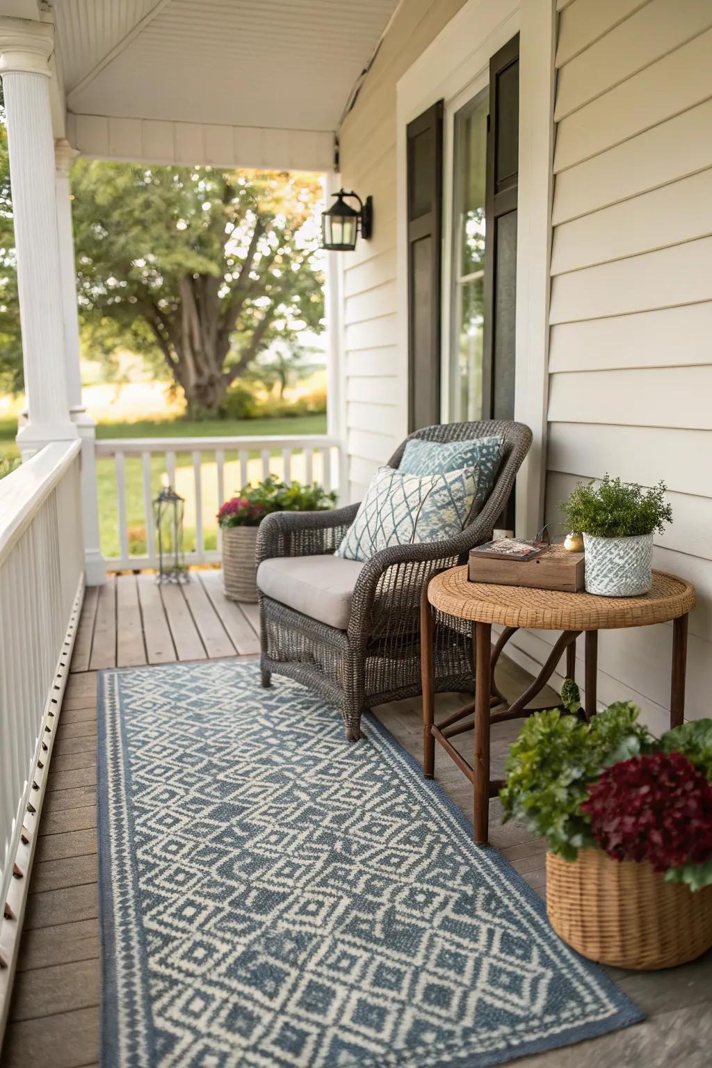 A decorative rug unifies the cozy elements of a small porch.