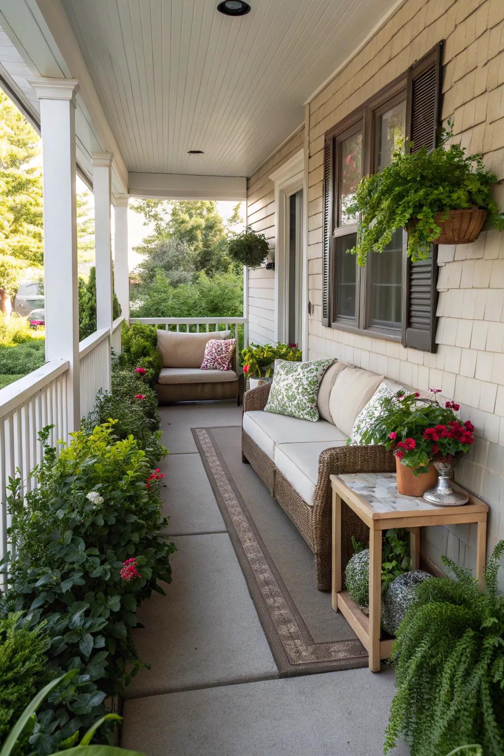 Zoning a small porch for seating and plants maximizes its use.