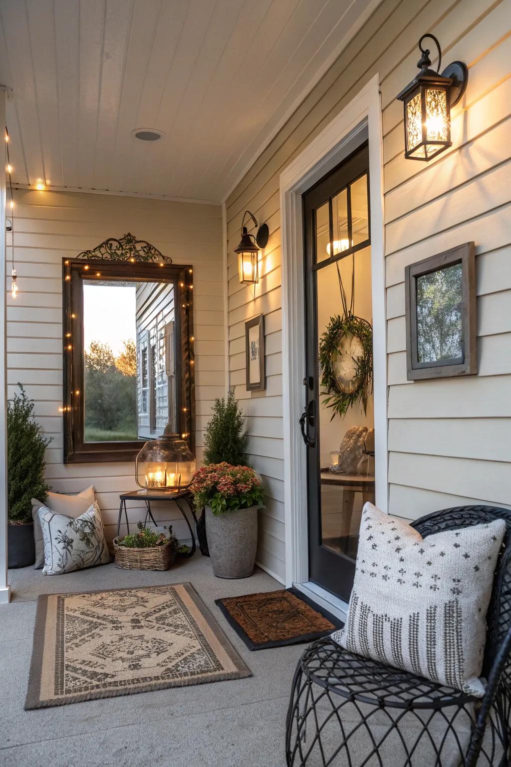 Indoor-style decor adds warmth to a small porch.