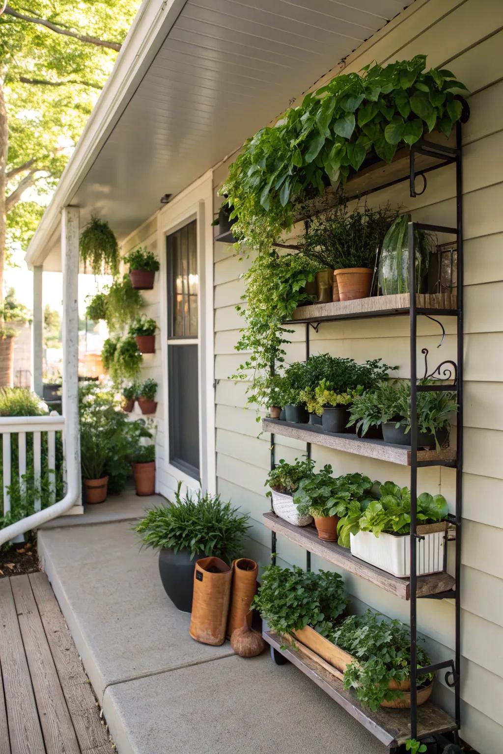 Vertical planters save floor space while adding lush greenery.