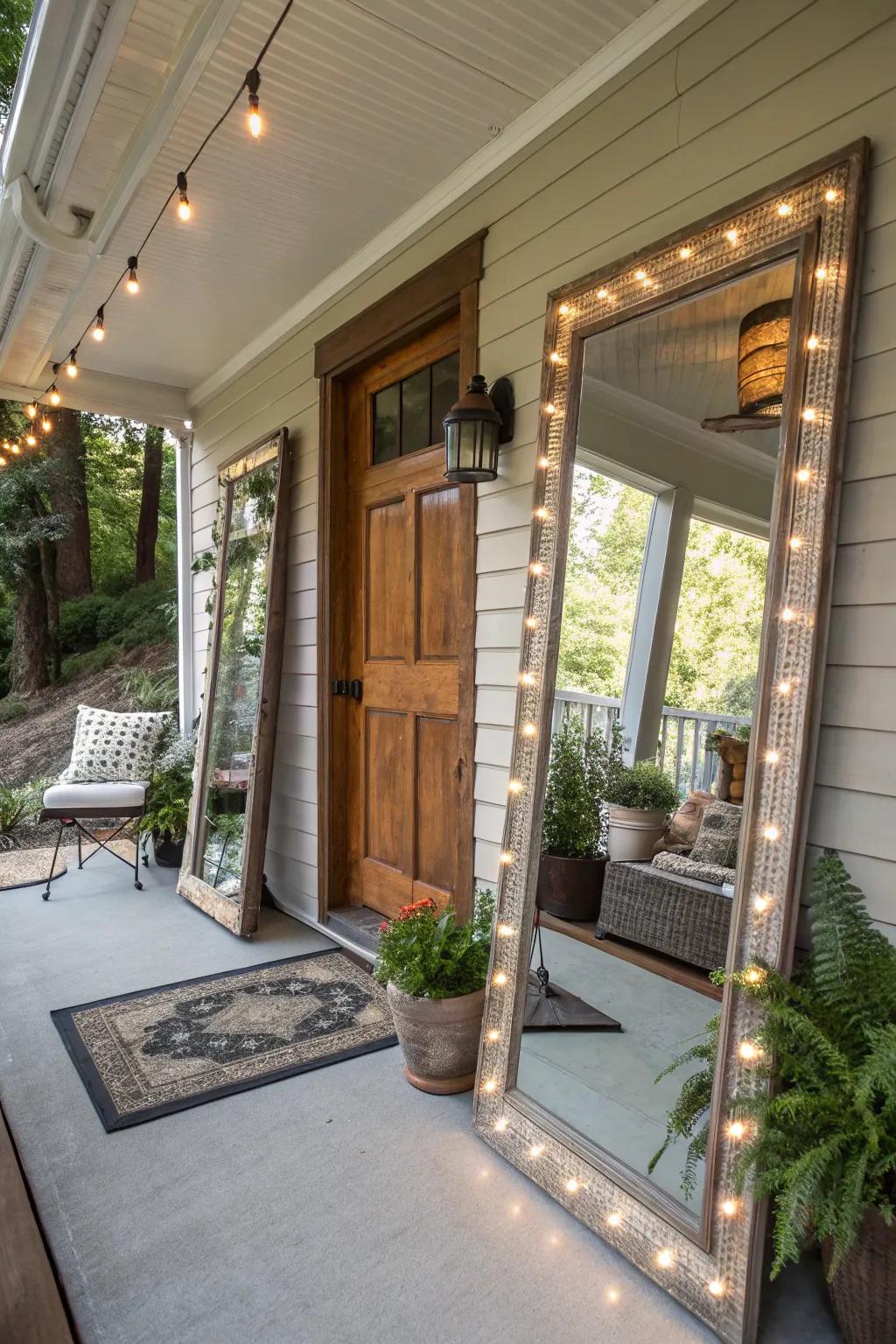 Mirrors visually enlarge a small porch and reflect light.