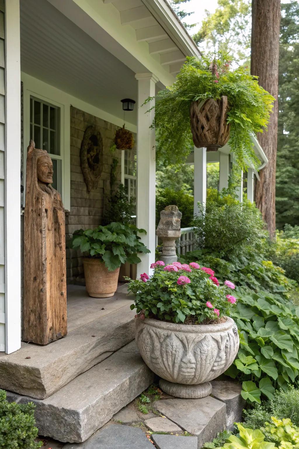 Natural decor like wood and stone adds warmth to a porch.
